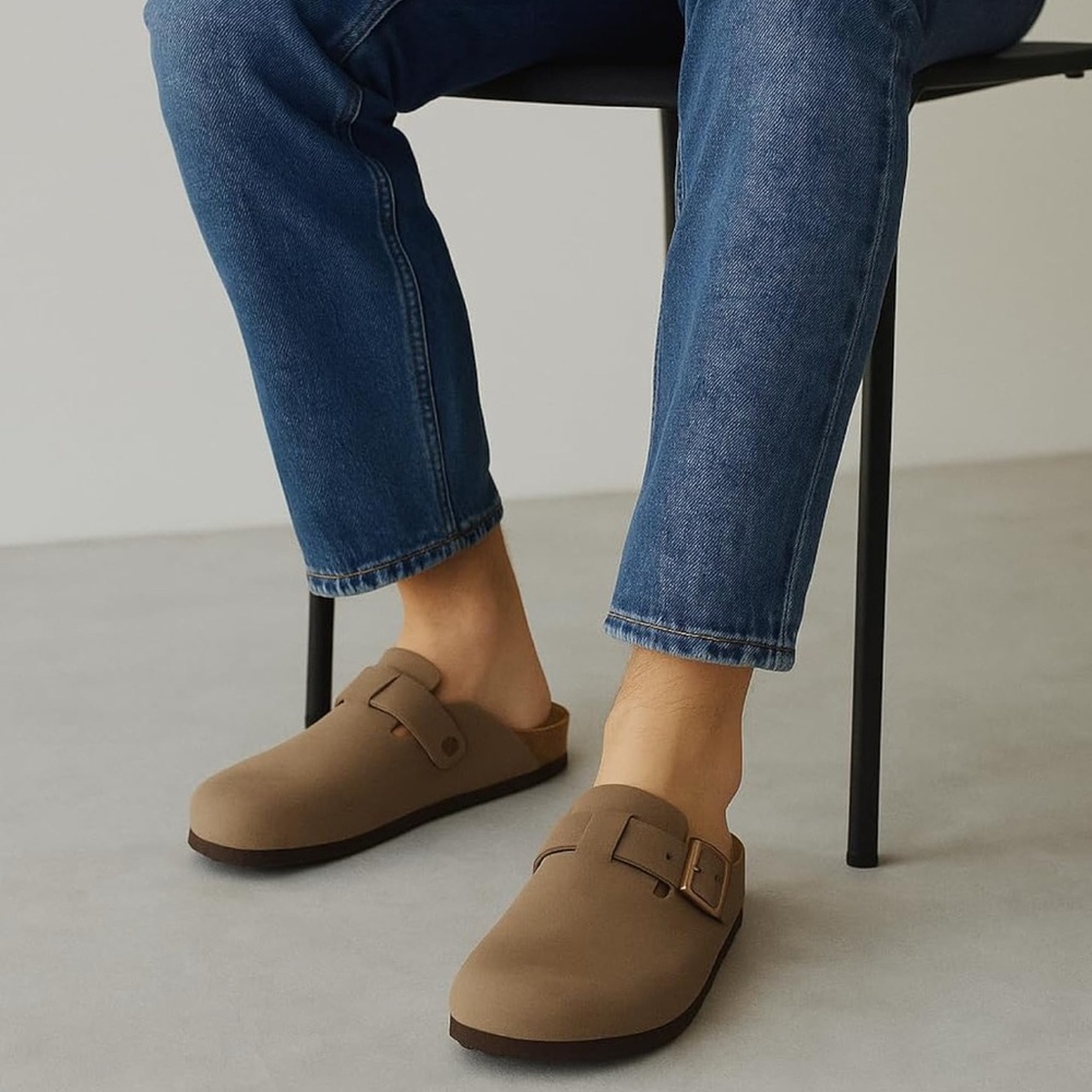 Women's Tan Buckle Mules